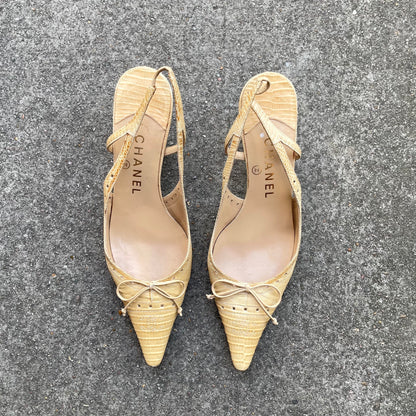 Chanel “CC” Beige Snakeskin Bow Slingback Heels