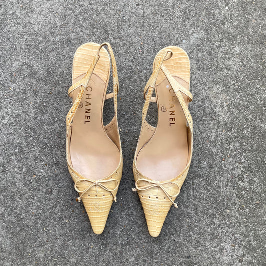 Chanel “CC” Beige Snakeskin Bow Slingback Heels