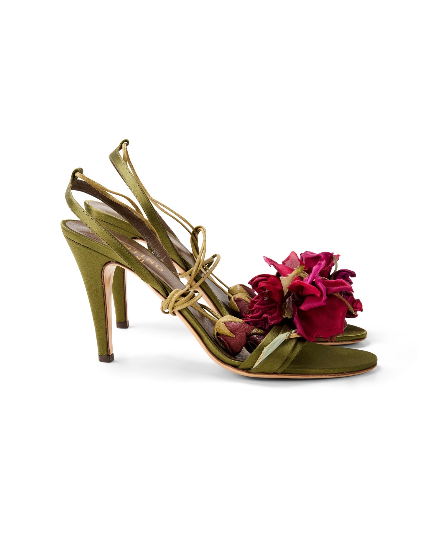 Valentino Green Satin Pink Floral Rosebud Appliqué Strappy Heels