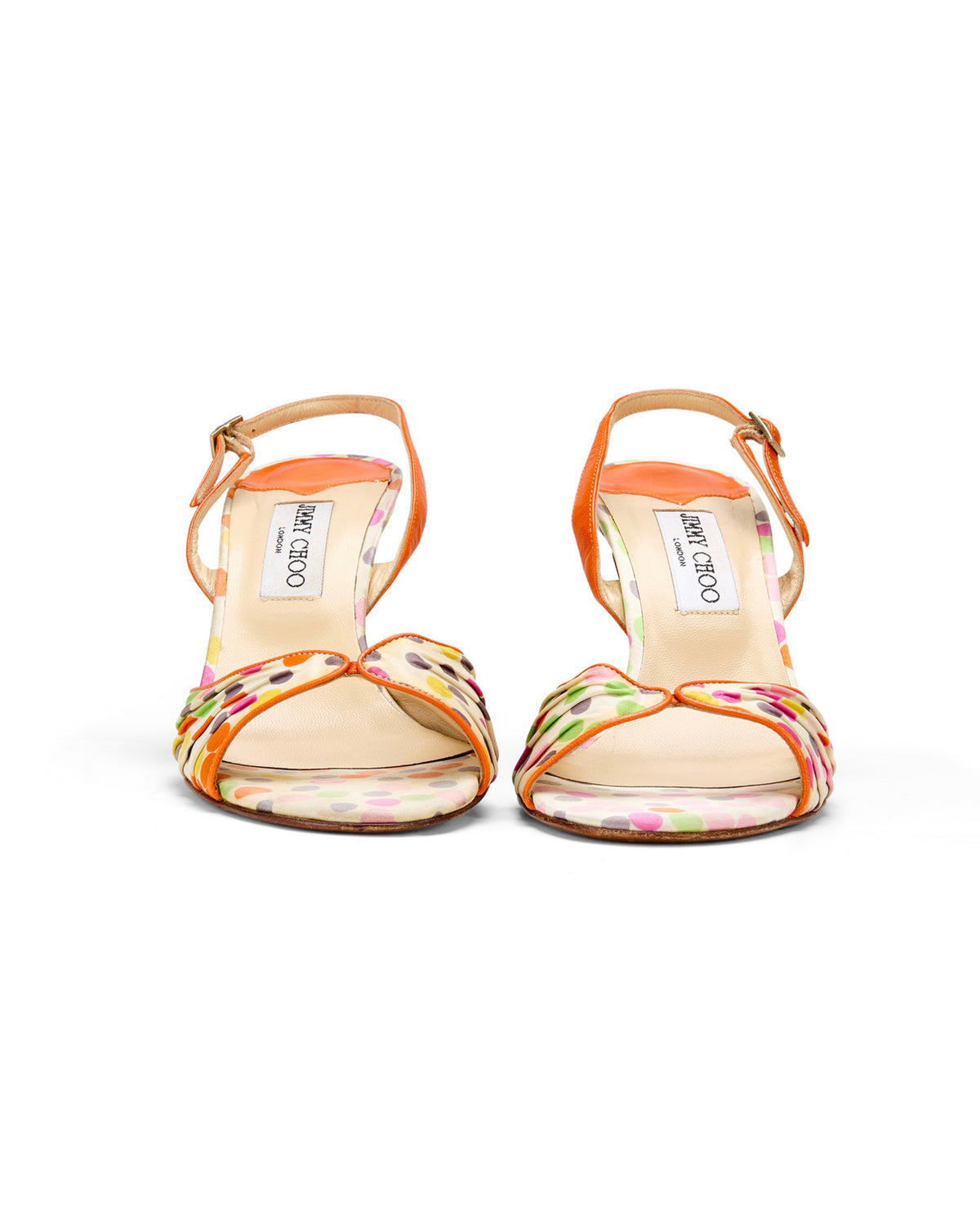 2000s Orange Polkadot Silk Slingback Heels