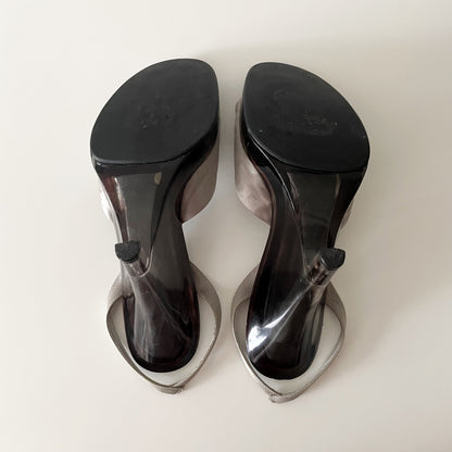 Prada S/S 1998 Grey Satin Lucite Plexiglass Slingback Wedge Heels
