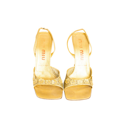 Miu Miu Metallic Gold Mesh Floral Daisy Slingback Heels