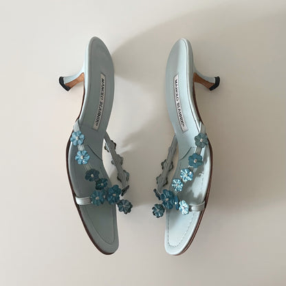 Manolo Blahnik 2000s Blue Pearlescent Flower Sandal Heels