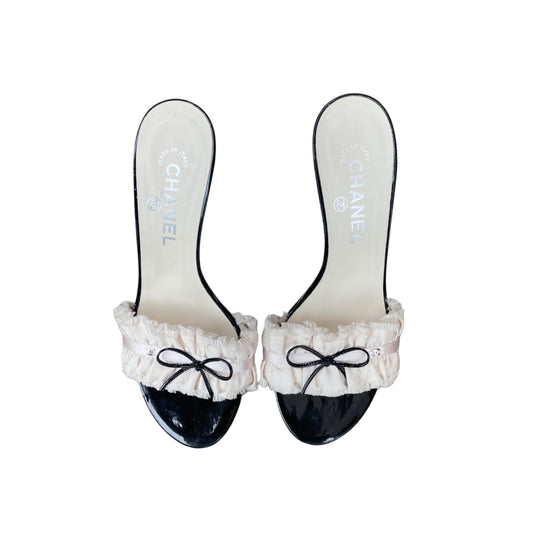 Chanel “CC” Ivory Ruffle Bow Sandal Heels