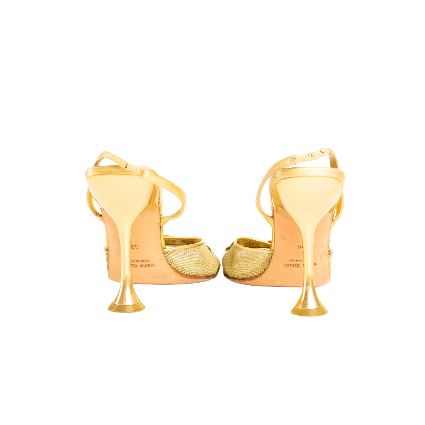 Miu Miu Metallic Gold Mesh Floral Daisy Slingback Heels