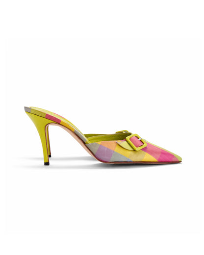 Manolo Blahnik Multicolour Plaid Buckle Mule Heels