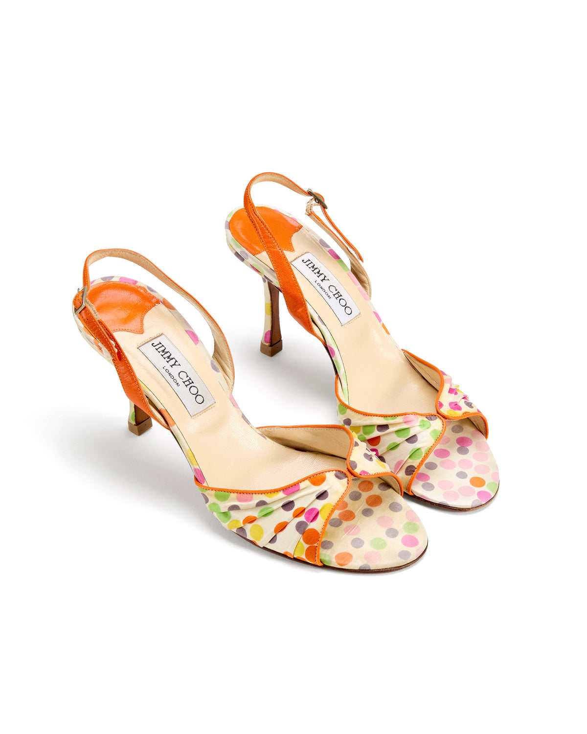 2000s Orange Polkadot Silk Slingback Heels