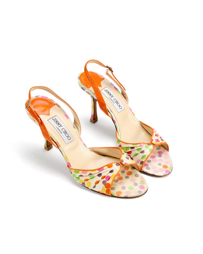 Jimmy Choo 2000s Orange Polkadot Silk Slingback Heels