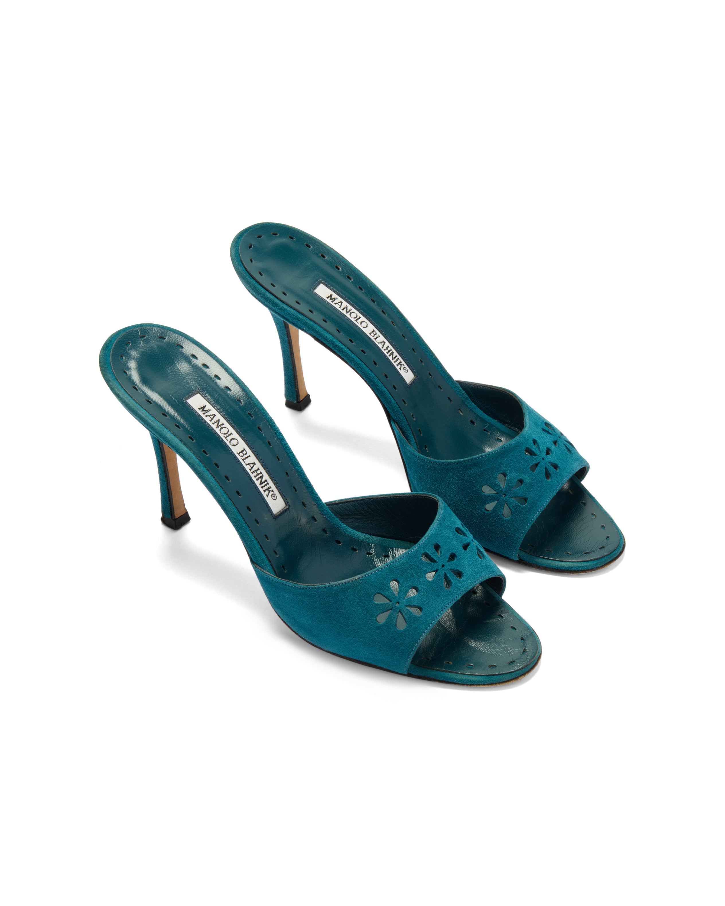 2000s Blue Floral Eyelet Laser Cut Suede Heels