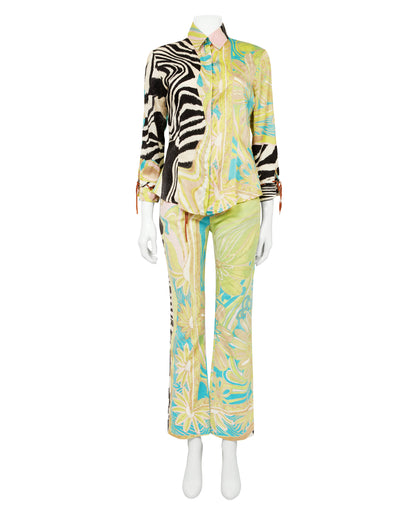 Roberto Cavalli S/S 2004 Green Zebra Print Silk Top & Jeans Set