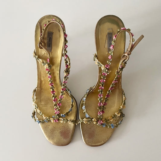 Miu Miu 2000s Floral Gold Leather T-Strap Sandal Heels
