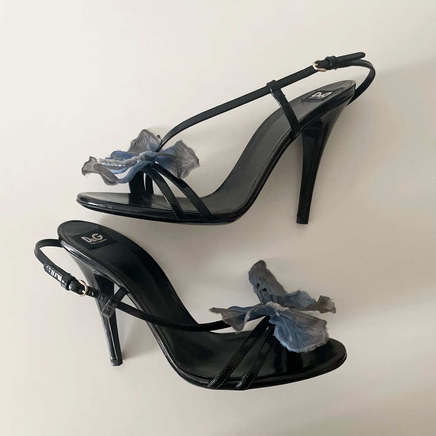 Dolce & Gabbana S/S 1998 Blue Butterly Black Leather Slingback Sandal Heels