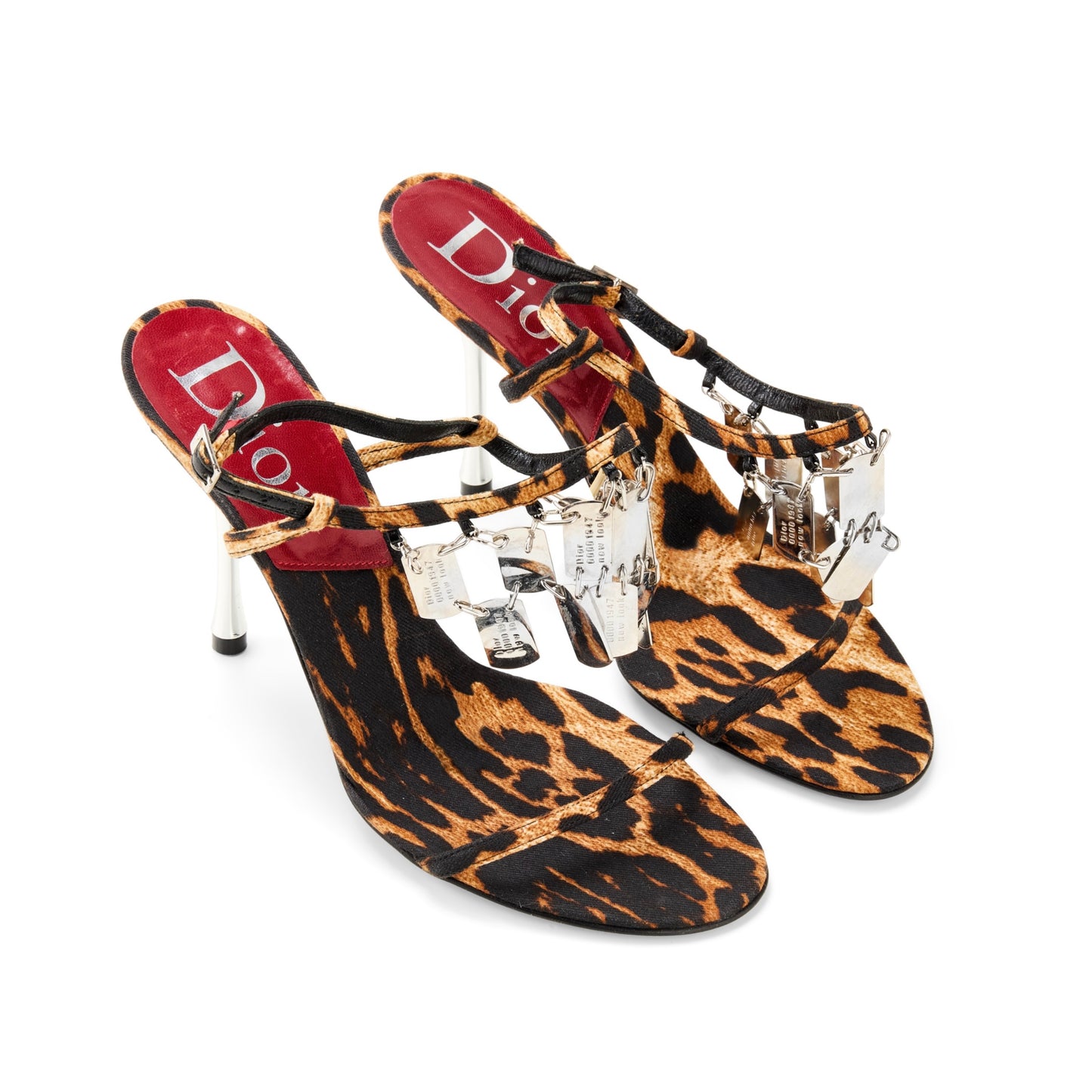 Dior by Galliano F/W 2004 Leopard Print Dog Tag Silver Metal Strappy Heels