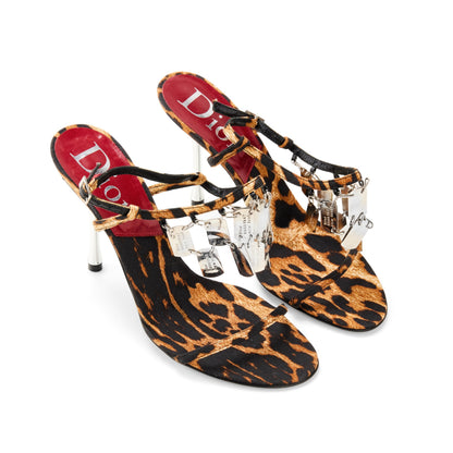 Dior by Galliano F/W 2004 Leopard Print Dog Tag Silver Metal Strappy Heels