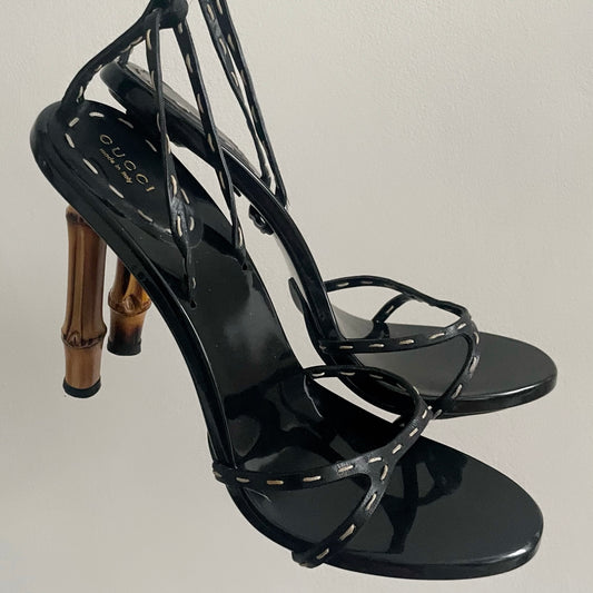 Gucci by Tom Ford S/S 2002 Black Bamboo Strappy Leather Sandal Heels