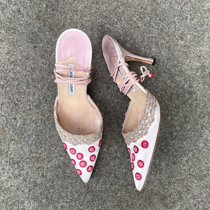Manolo Blahnik White & Pink Floral Appliqué Satin Strappy Mule Heels