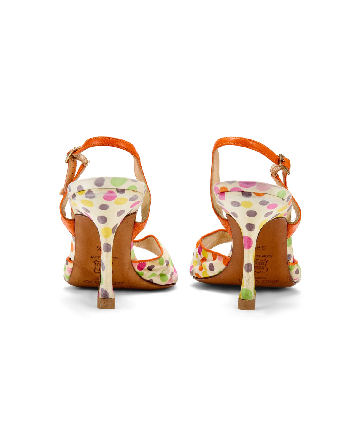 2000s Orange Polkadot Silk Slingback Heels
