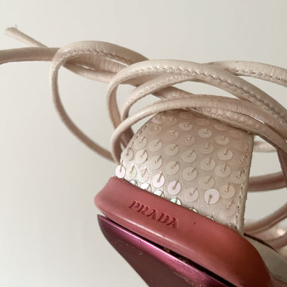 Prada 1999 Pink Sequin Strappy Sandal Heels