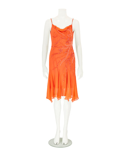 Vintage French 100% Silk Orange Beaded Dress with Scarf