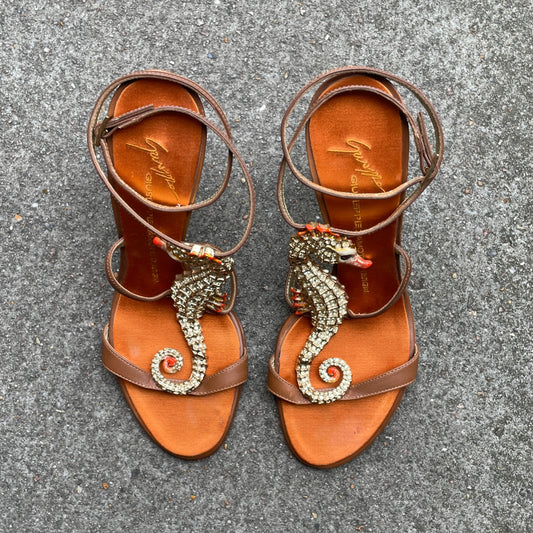 RARE Giuseppe Zanotti 2000s Brown & Orange Crystal Rhinestone Seahorse Sandal Heels