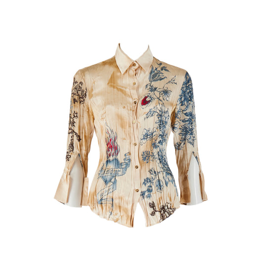 Roberto Cavalli S/S 2003 Tattoo Print Silk Blouse Top