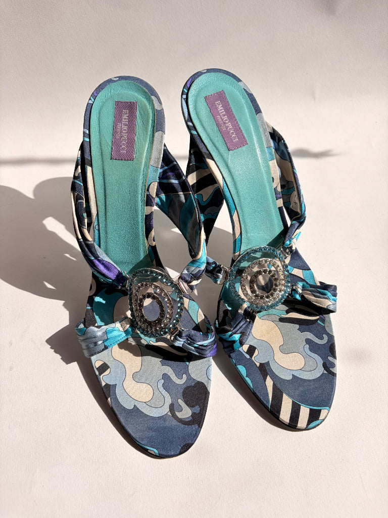 2000s Blue Print Jewel Wrap Heels