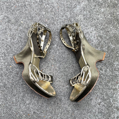 Dior by John Galliano S/S 2003 Khaki Green Padlock & Key Satin Wedge Heels