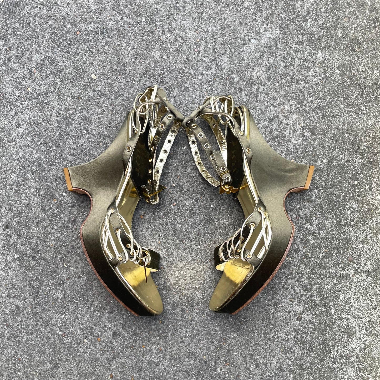 Dior by John Galliano S/S 2003 Khaki Green Padlock & Key Razor Blade Satin Wedge Heels