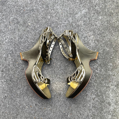 Dior by John Galliano S/S 2003 Khaki Green Padlock & Key Razor Blade Satin Wedge Heels