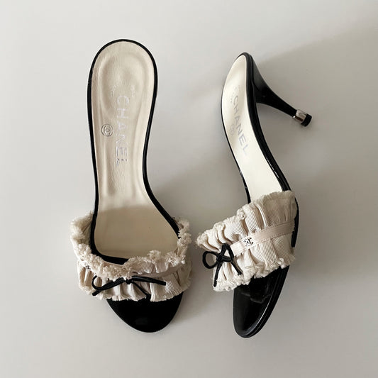 Chanel “CC” Ivory Ruffle Bow Sandal Heels