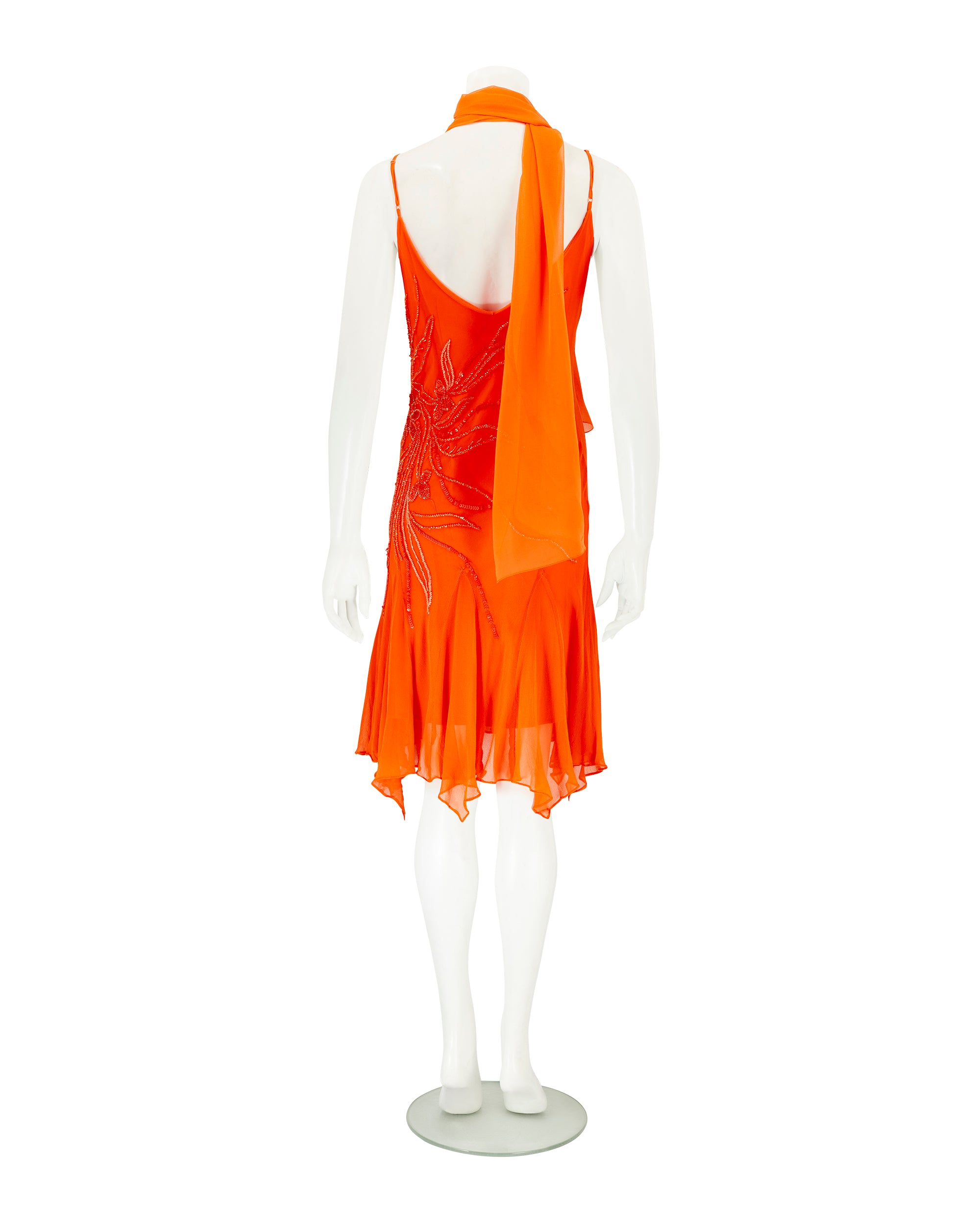 French Brand 100% Silk Orange Beaded Dress With Scarf