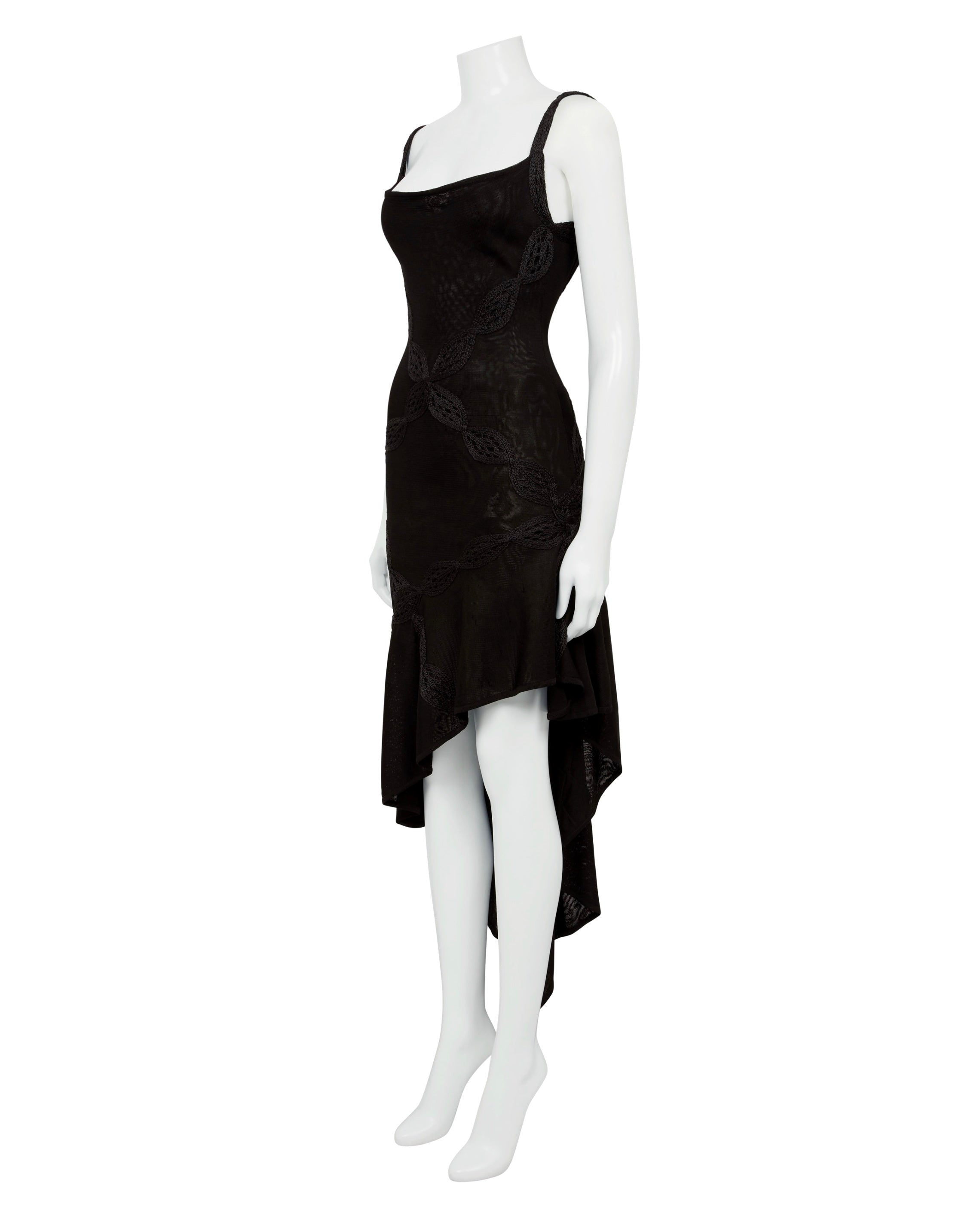 Spring / Summer 2001 Black Embroidered Braid Bias-Cut Asymmetrical Dress