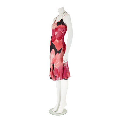 Blumarine S/S 2002 Pink & Black Hibiscus Floral Silk Dress