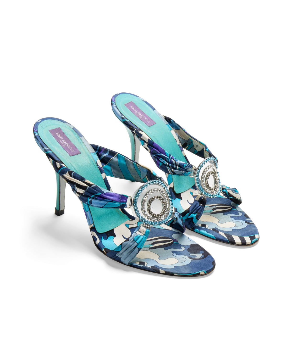 2000s Jeweled Blue Abstract Print Silk Heels