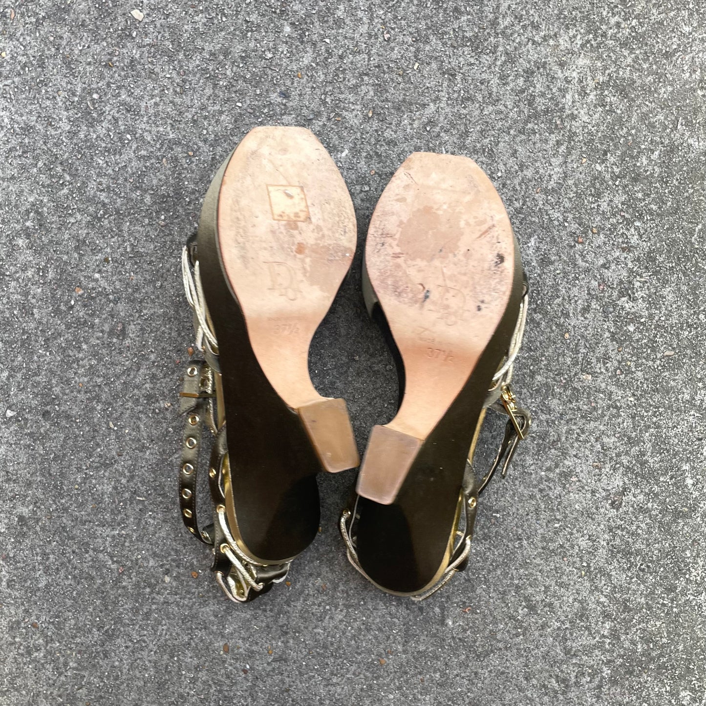 Dior by John Galliano S/S 2003 Khaki Green Padlock & Key Razor Blade Satin Wedge Heels