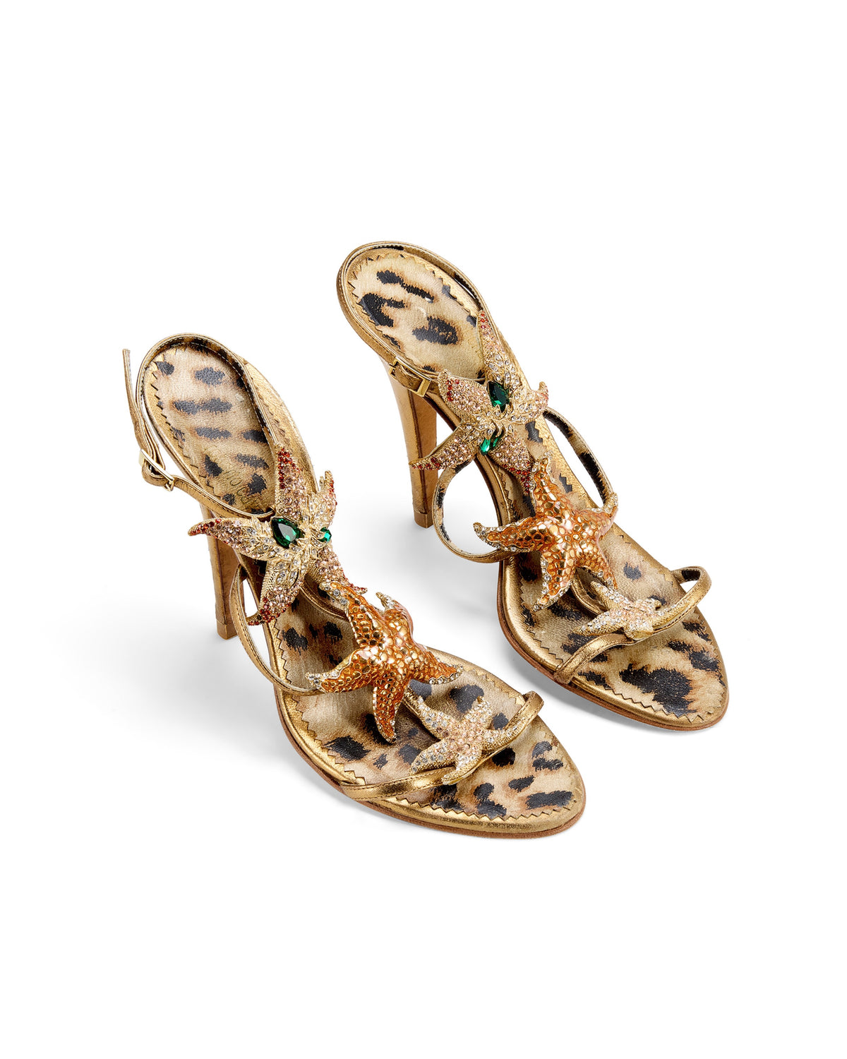 2000s Gold Starfish Embellished Ankle Strap Sandal Heels