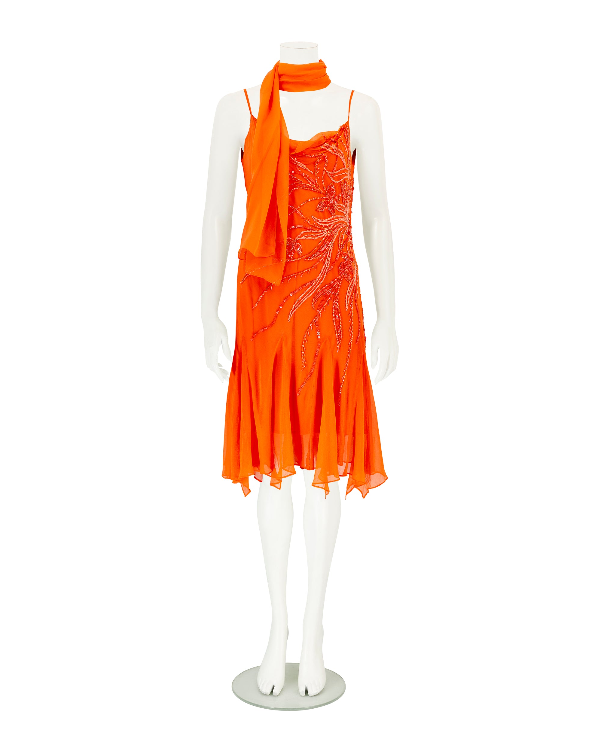 French Brand 100% Silk Orange Beaded Dress With Scarf