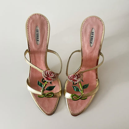 RARE Le Silla Crystal Rhinestone Encrusted Pink Rose Sandal Heels