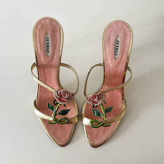 RARE Le Silla Crystal Rhinestone Encrusted Pink Rose Sandal Heels