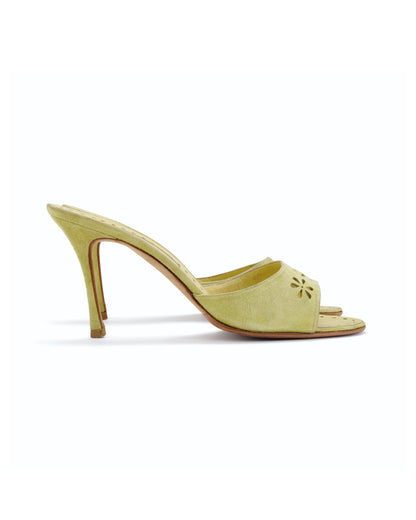 Manolo Blahnik Green Floral Eyelet Laser Cut Suede Heels