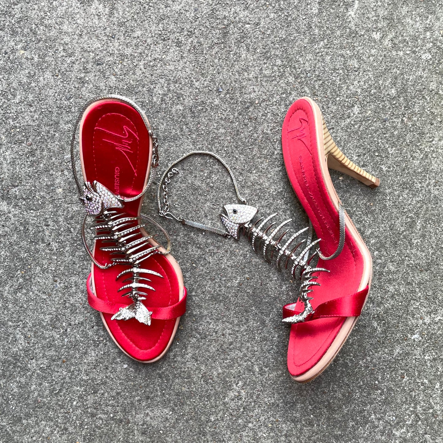 RARE Giuseppe Zanotti Red & Silver Rhinestone Encrusted Fishbone Heels