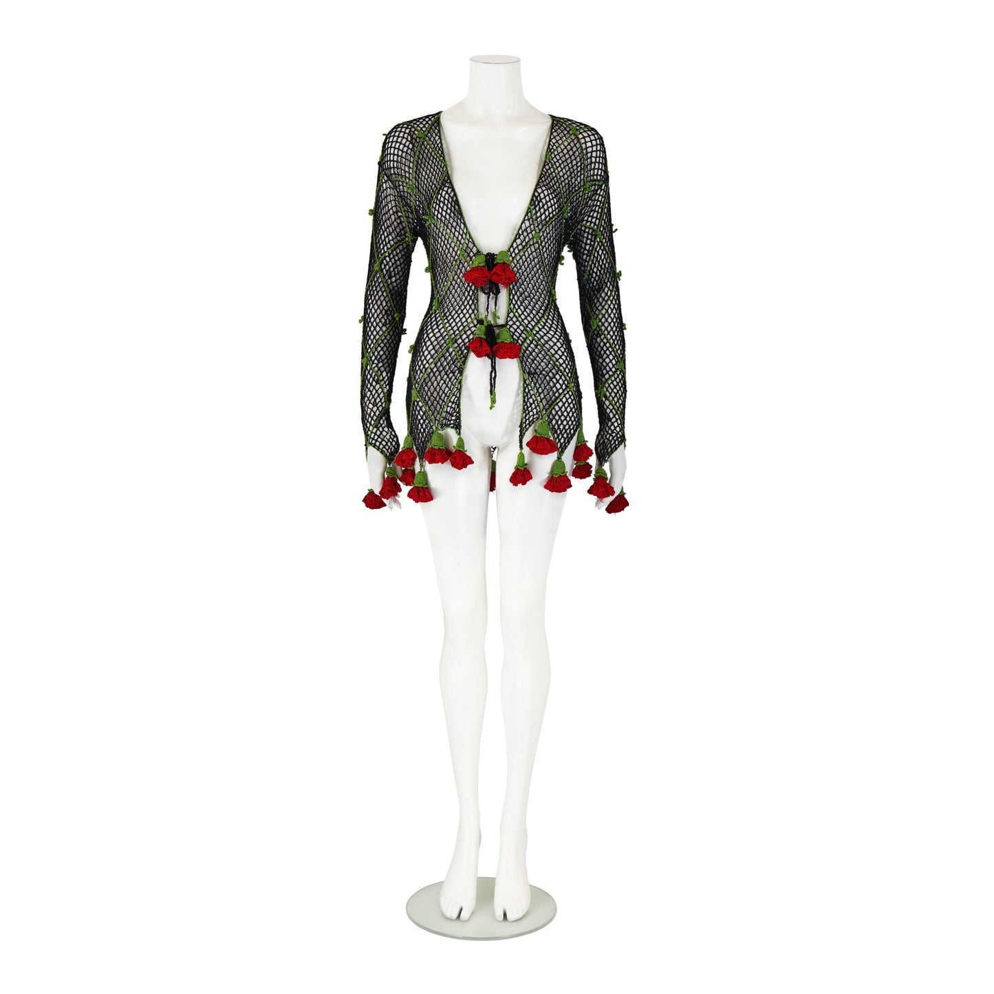 Moschino Cheap and Chic S/S 1997 Black Knit Crochet Red Rose Cardigan