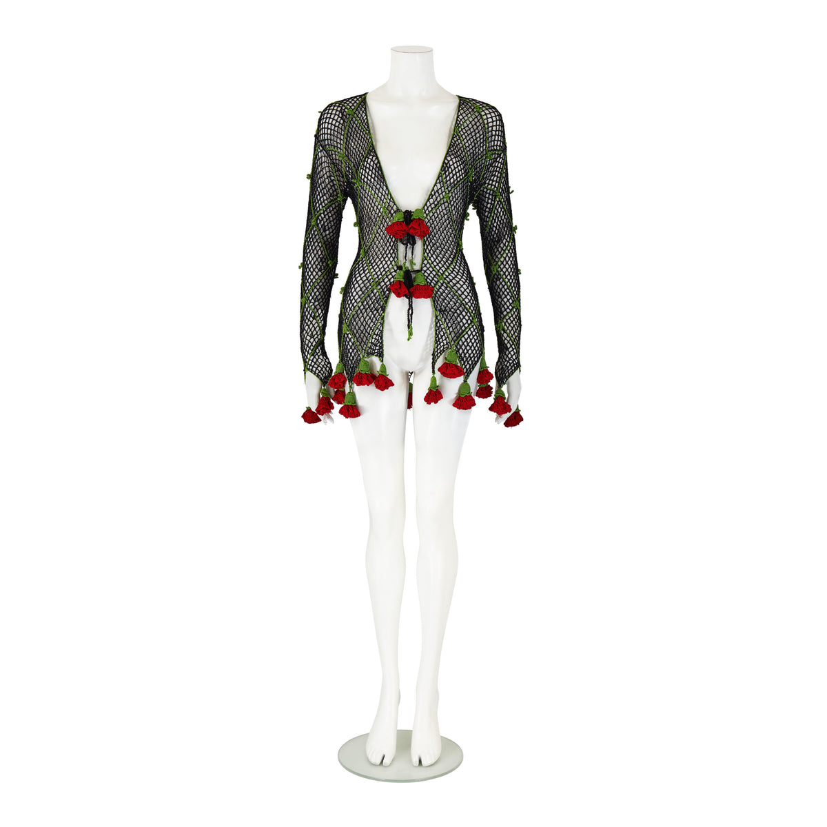 Spring / Summer 1997 Black Knit Crochet Red Rose Cardigan