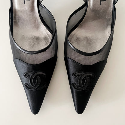 Chanel 2004 “CC” Black Satin Slingback Heels