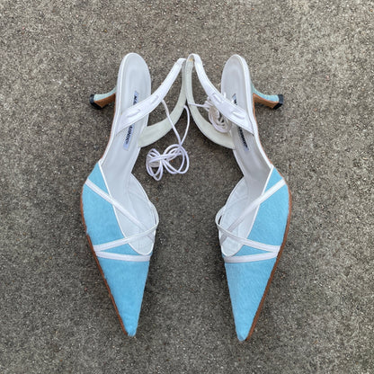 Manolo Blahnik 2000s Blue Pony-hair Slingback Heels