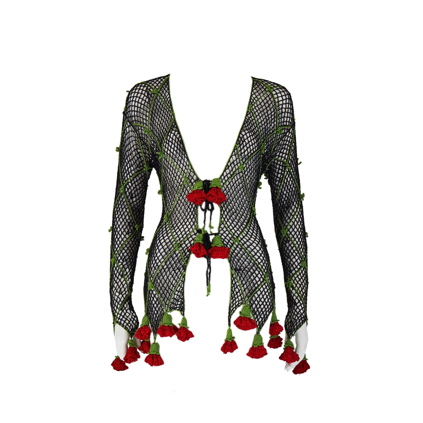 Moschino Cheap and Chic S/S 1997 Black Knit Crochet Red Rose Cardigan