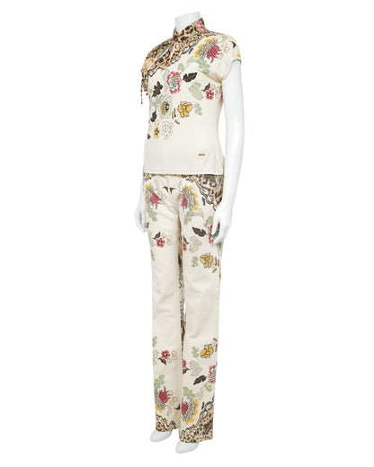 Roberto Cavalli S/S 2003 White Floral Chinoiserie Top & Jeans Set