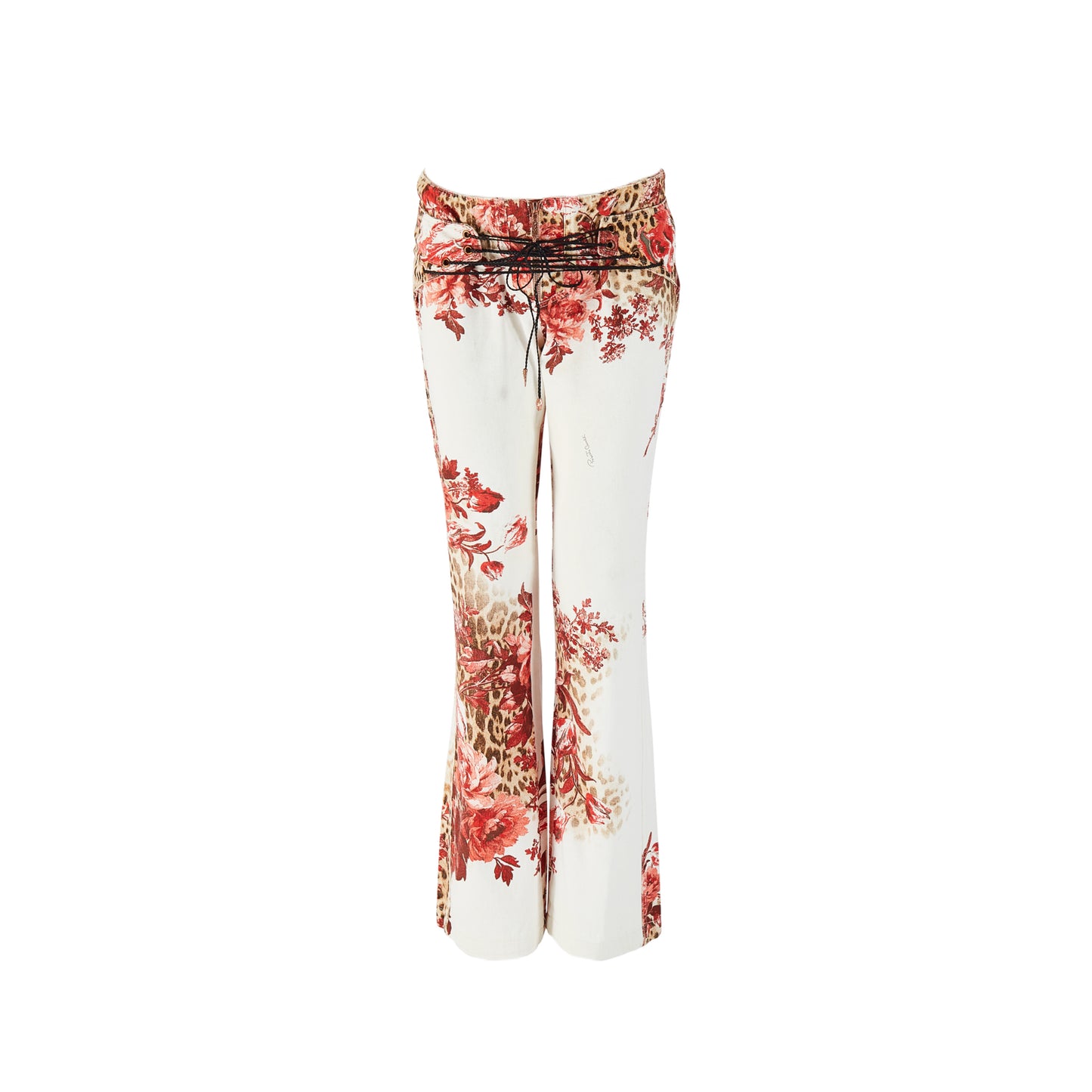 Roberto Cavalli S/S 2002 White Floral & Leopard Print Tie Up Jeans