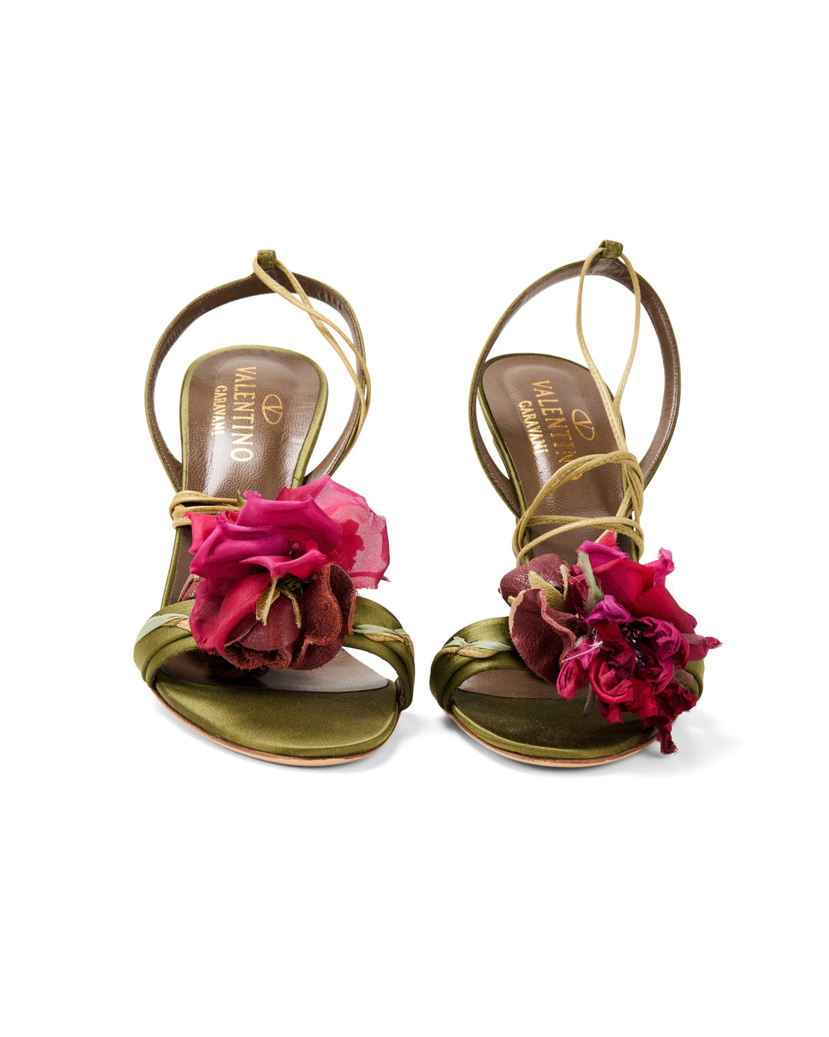 Green Satin Pink Floral Rosebud Appliqué Strappy Heels