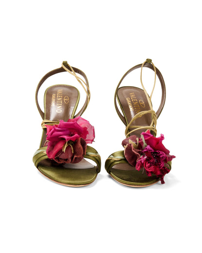 Valentino Green Satin Pink Floral Rosebud Appliqué Strappy Heels